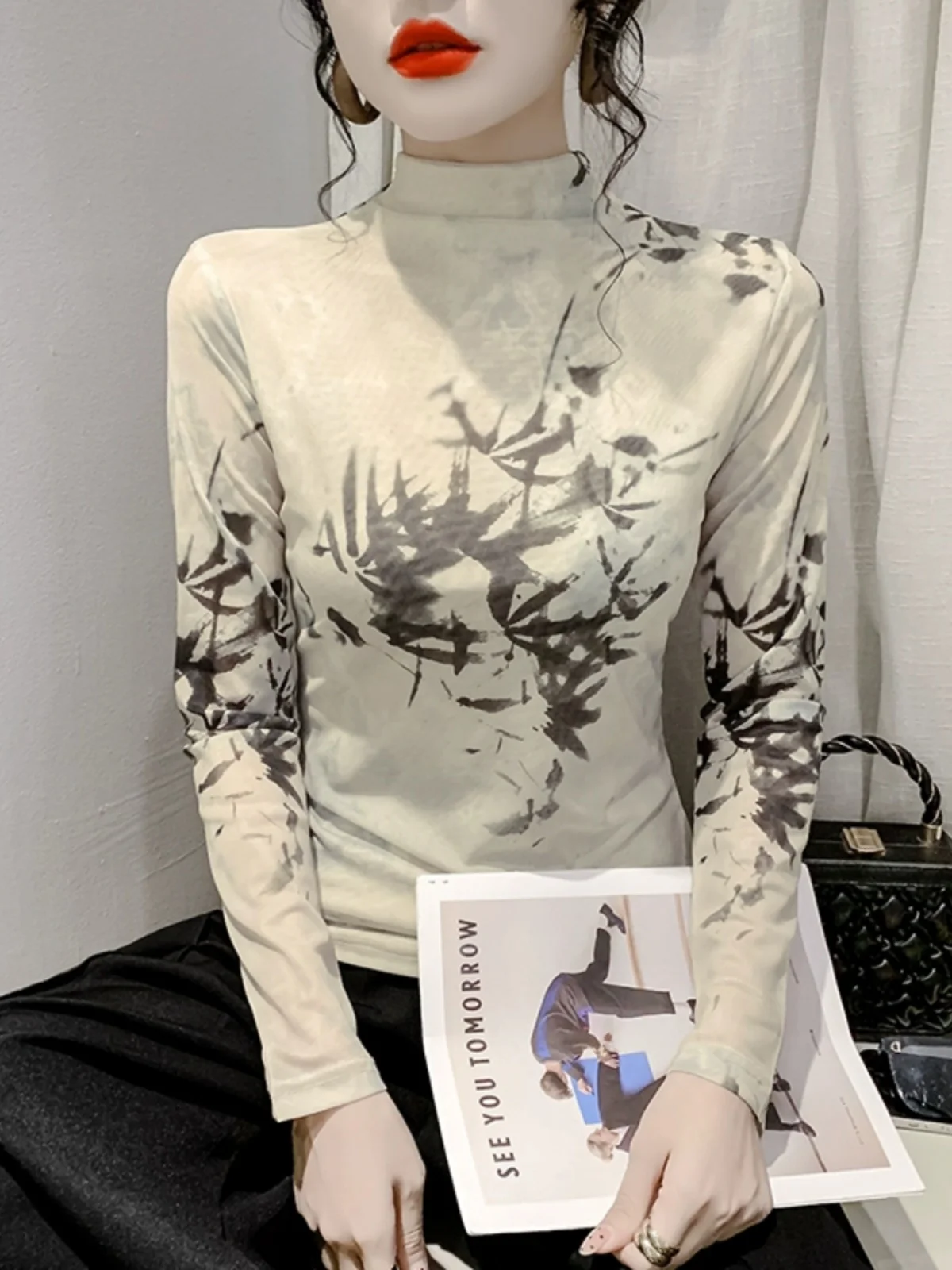 ملابس داخلية نسائية مطبوعة طويلة Sve Me Base irt f بياقة عالية بقصة ضيقة ملابس داخلية عصرية لخريف وشتاء الشارع Sle