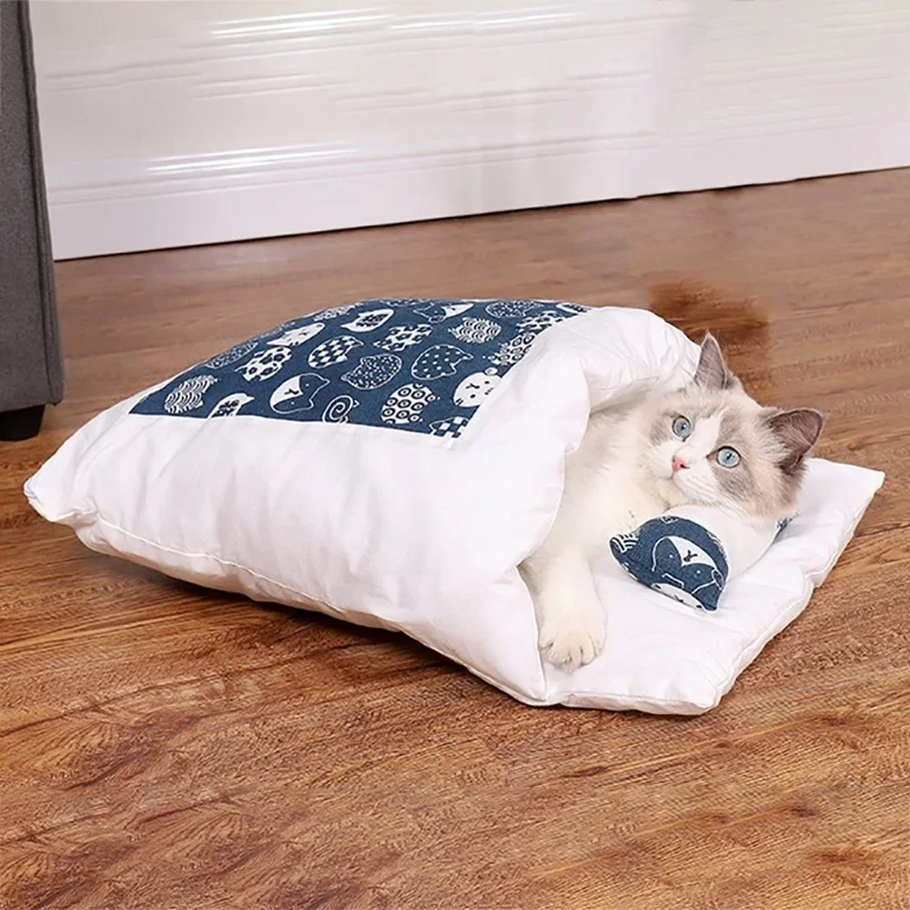 Japanese Cats Bed with Pillow Winter Warm Cat Cave House Plus Velvet Dog Pet Beds Deep Sleep Cats Mat Sleeping Bag Nest Cushion