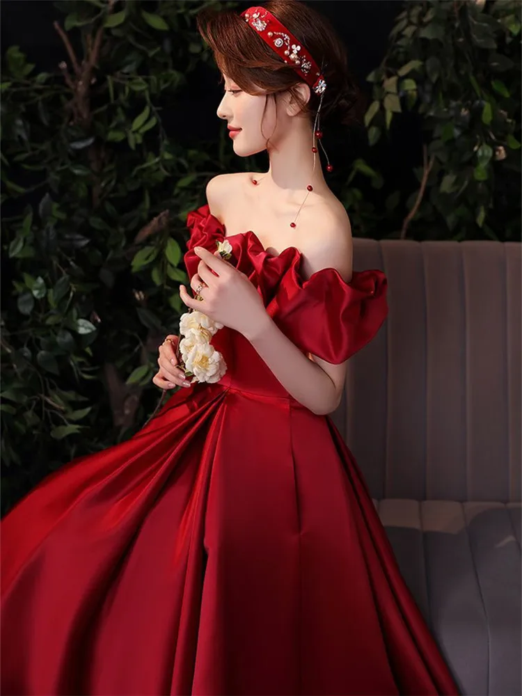 Wine Red Satin Dress Women Spring Summer New Solid Color Strapless Long A-line Skirt Elegant Female Clothing M121