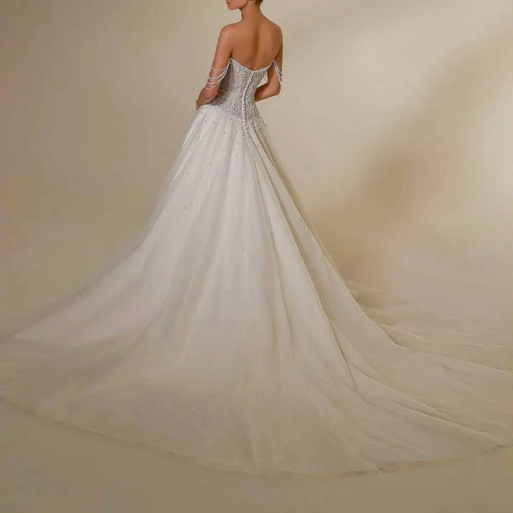 Customized Pearls Embellished Evening Dresses Beading Spaghetti Strap Tulle Soft Dress Pleated Button Back vestidos de novia