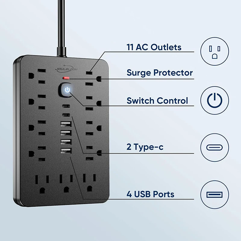 17 in 1 Compact powerstrip-White,11 Multiple AC Outlets with 6 USB Ports (2 USB C), 5 Feet Extension Cord, 1875W/15A