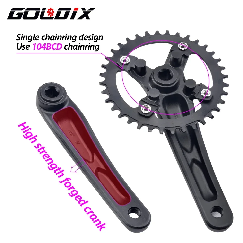GOLDIX Square Hole Bicycle Crankset 104BCD Single Chainring Forging  Aluminum Alloy Crank 170mm length Black 32/34/36/38/40/42T