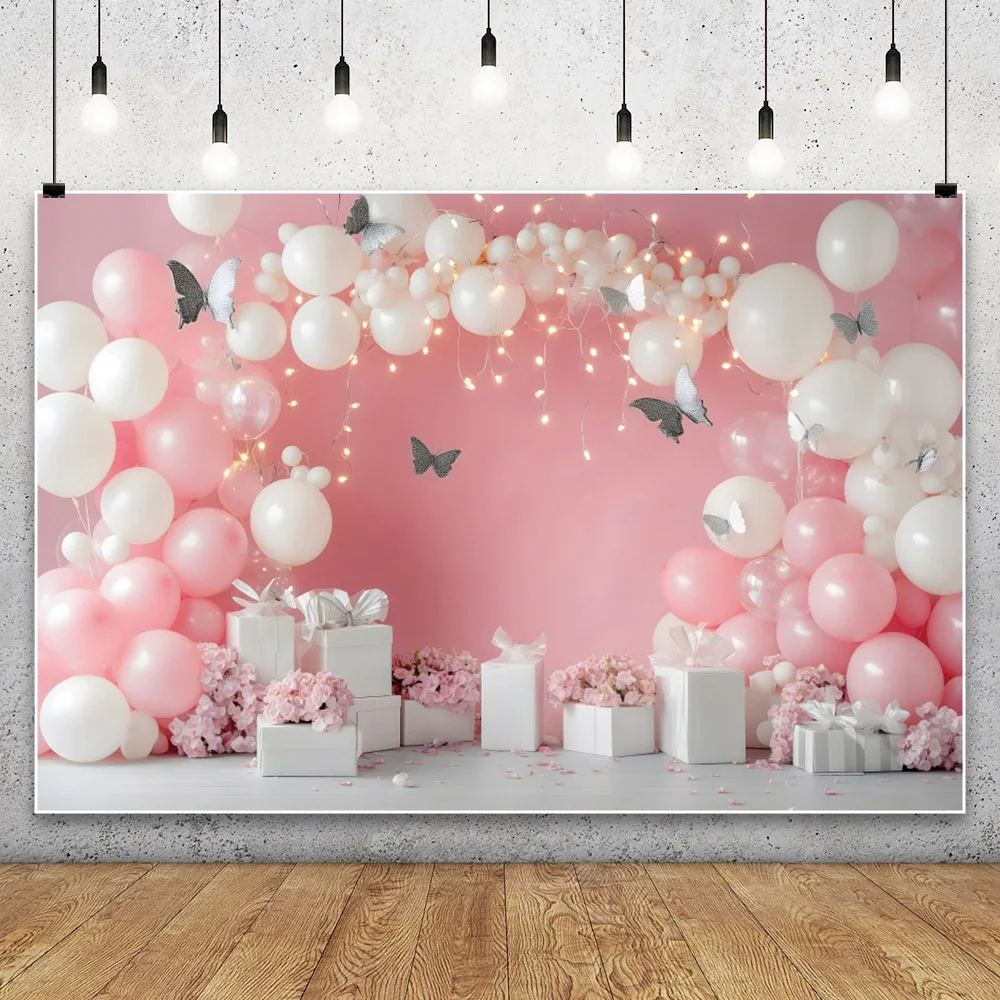 ลูกโป่งสีชมพูสีฟ้าฉากหลังวันเกิด1st เด็กทารกของขวัญรูปผีเสื้อพื้นหลังภาพเหมือนสำหรับถ่ายภาพในสตูดิโอถ่ายภาพ