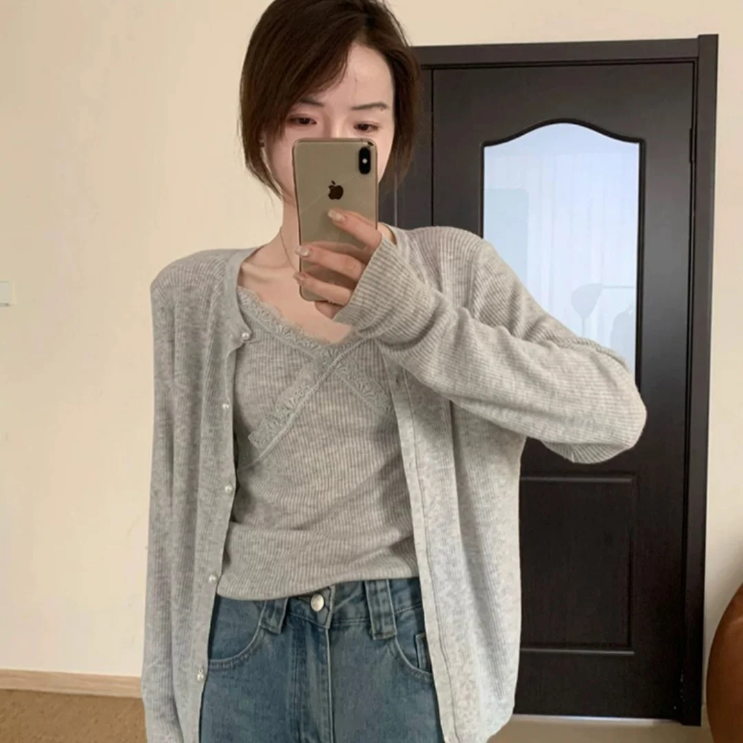 

Корейский повседневный вязаный кардиган, пальто, женская ранняя весна, нежная верхняя одежда, одинаковый комплект из двух предметов с ремешком, топ, прямая трубка