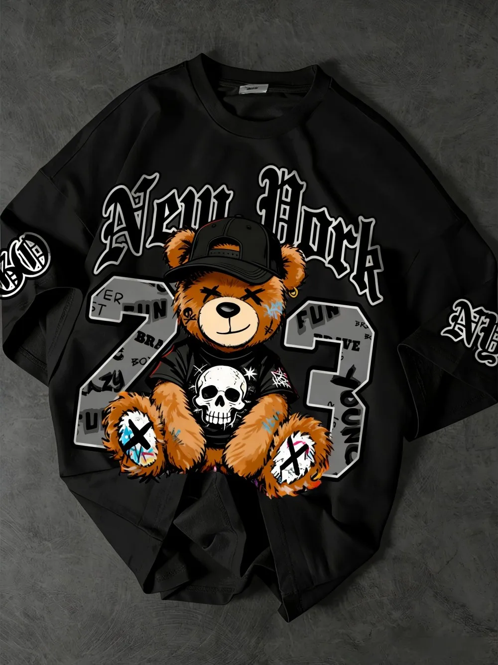 European and American Men's Summer Gothic Letter Teddy Bear Print Micro Elastic Breathable Round Neck T-Shirt Outdoor Street Top