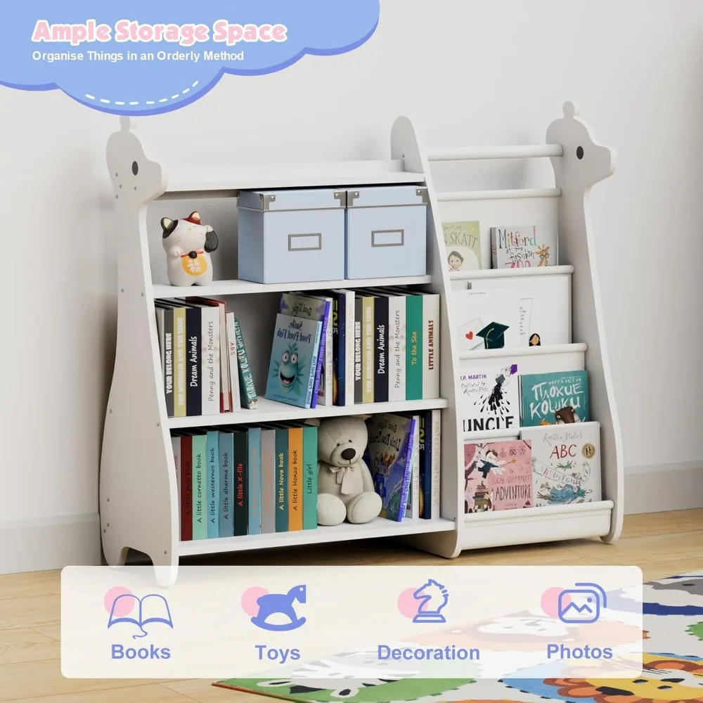 Rak buku anak 4 tingkat - penyimpanan gaya sling putih untuk buku dan mainan balita di ruang bermain