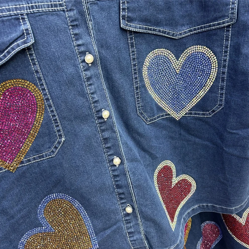 Camisa vaquera holgada con corazón de amor + falda vaquera con cintura elástica y diamantes de imitación, conjunto de dos piezas-GZTZ093