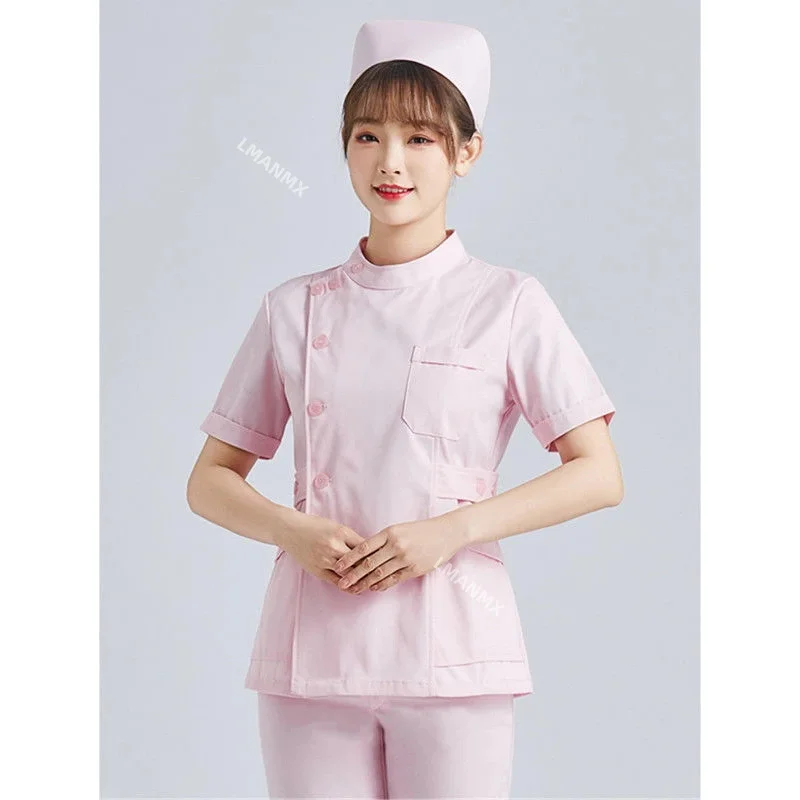 WAT White Short Sleeve Scrubs Uniforms Women Pet Grooming Clinic Nursing Clothes Workwear Nurse Scrub Work Pink Medical 2025 New