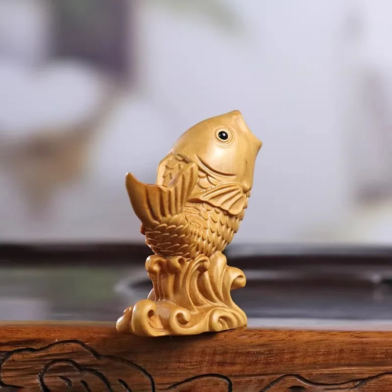 Koi Fish Ascending Waterfall Sculpture - Fine Boxwood Carving for Good Fortune, Elegant Handheld& Auspicious Home/Office De