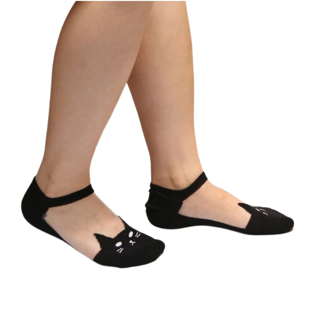 Femmes mignon chat Harajuku dentelle chaussettes fille été drôle Animal chaton Sokken cristal soie Mujer