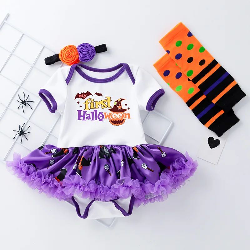 Halloween children\'s costume baby girls party costume printed witch hat baby jumpsuit socks short sleeved dress children sets