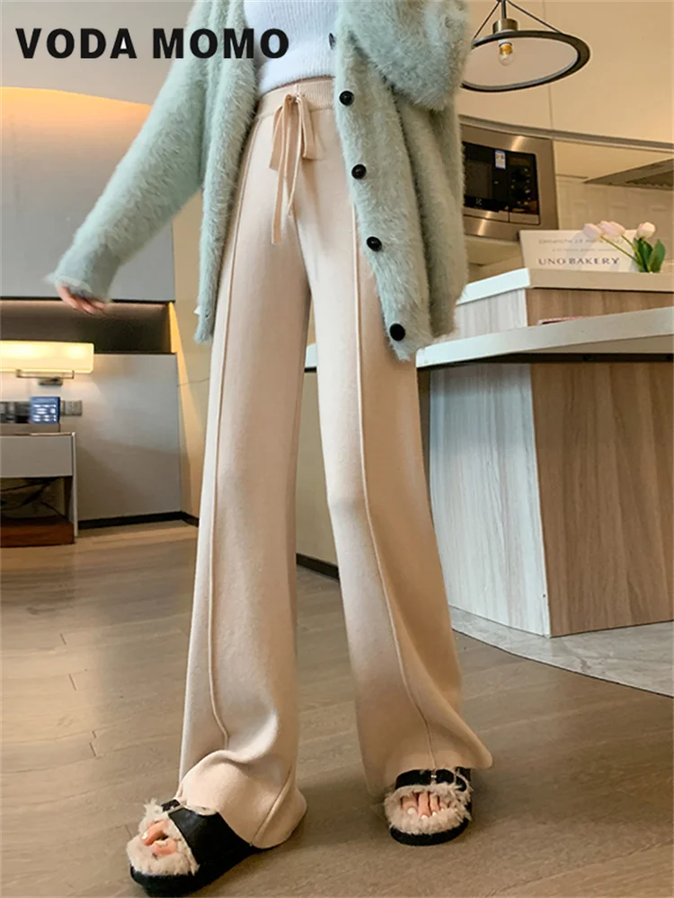 Korean Elegant Daily Knitted Wide Leg Pants Women New Autumn Winter Drop High Waist Elastic Straight Tube Loose Thickened Pants