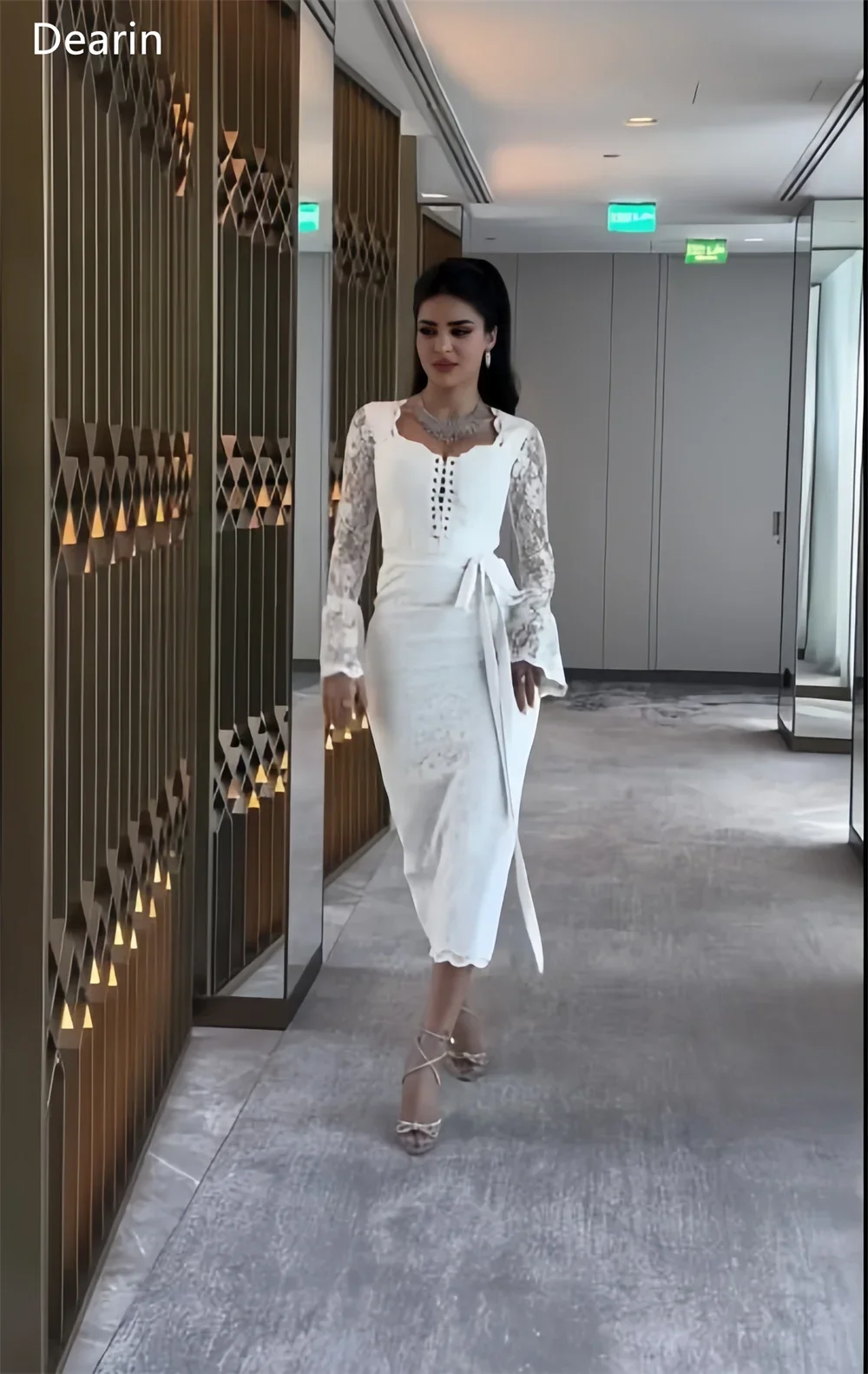 Customized Saudi Arabia Dearin Square Collar Sheath Tea Length Skirts Tulle Lace Ribbon Flouncing Bespoke Occasion Dresses Prom