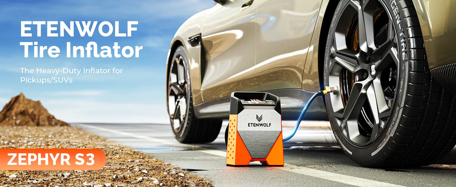 ETENWOLF Zephyr S3-7800mAh Compresor Aire Portatil, 160 PSI/11.03Bar Inflador Ruedas Coche, Motos, Bicicletas, Balones, Llenado Rápido de 1 Minuto y Luces LED Digitales, Banco de Energía USB