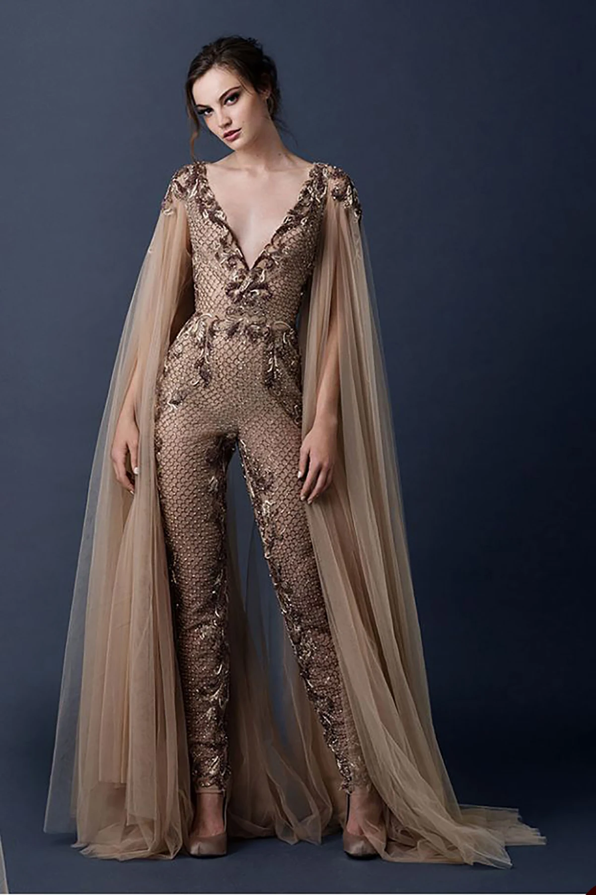 Elegant Grid-Lace Bodysuit Evening Dresses Fashion Deep Appliques V-Neck Shawl Sleeve Slim Fit Prom Dresses Size Custom Made