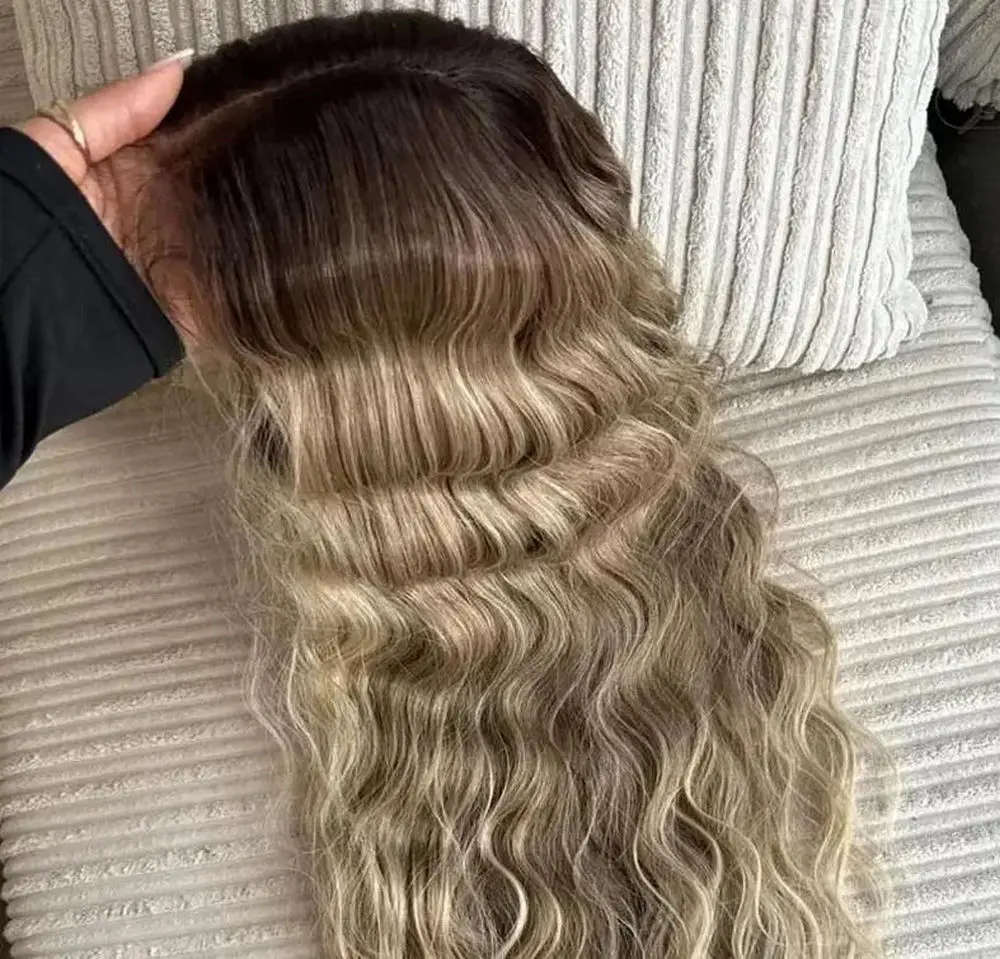 New In Ash Blonde Highlights Lace Front Wigs Realistic Deep Wave Wig for Women Heat Resistant Synthetic HD Lace Wig Dark Roots