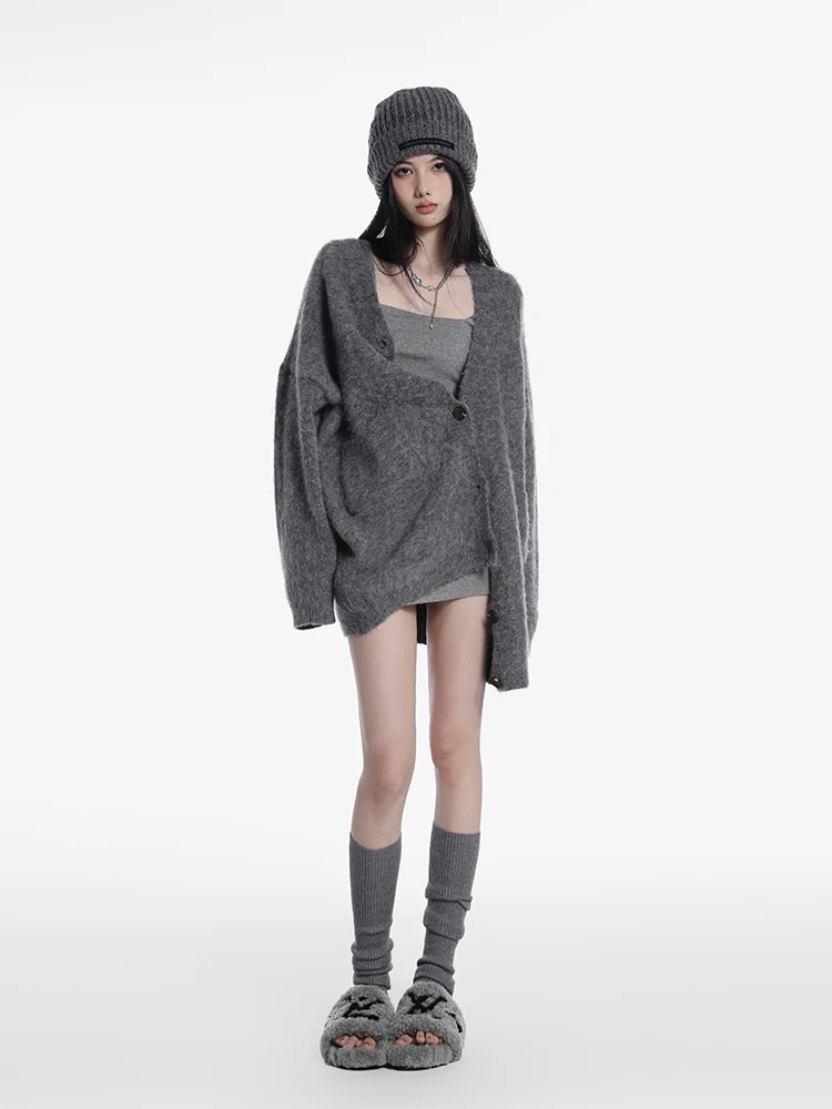 

ay Knitted Sweater Women's Loose Lazy Sle One Head Watermelon Open Cardigan Coat Long Sve Mid-Length Straight Cut