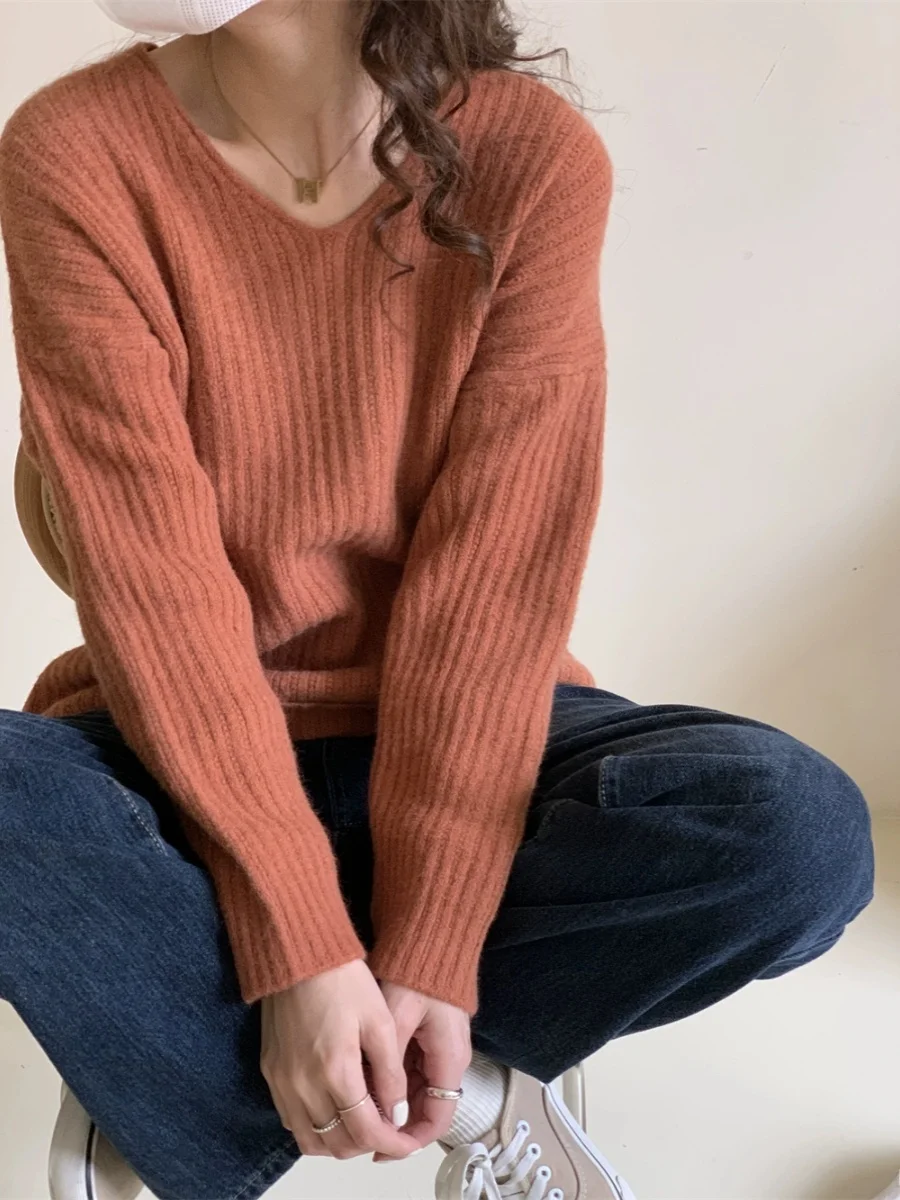 

Philadelphia Large Sweater Double-sided Knitting V-ne Long Vertical Stripes Sweater Comfortable Casual Sle Long Sve