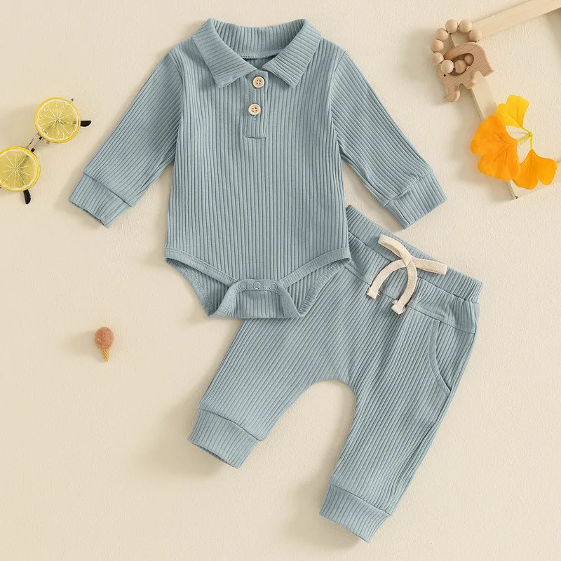 RUEWEY 0 to 18 Months 2-Piece Baby Boys Ribbed Pant Sets Button Long Sleeve Lapel Neck Bodysuit Drawstring Pocket Long Trousers