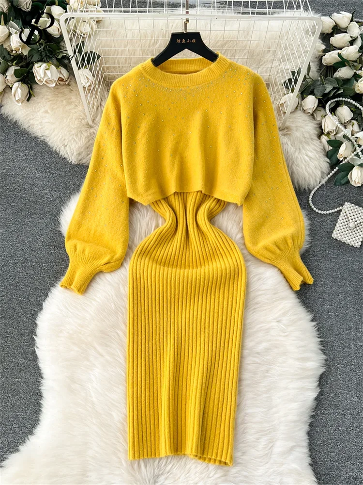 

Women Casual Street Knitted Two-piece Set Autumn Winter Diamond Fluffy Sleeve Top Slim A-line Knitted Camisole Skirt for Women