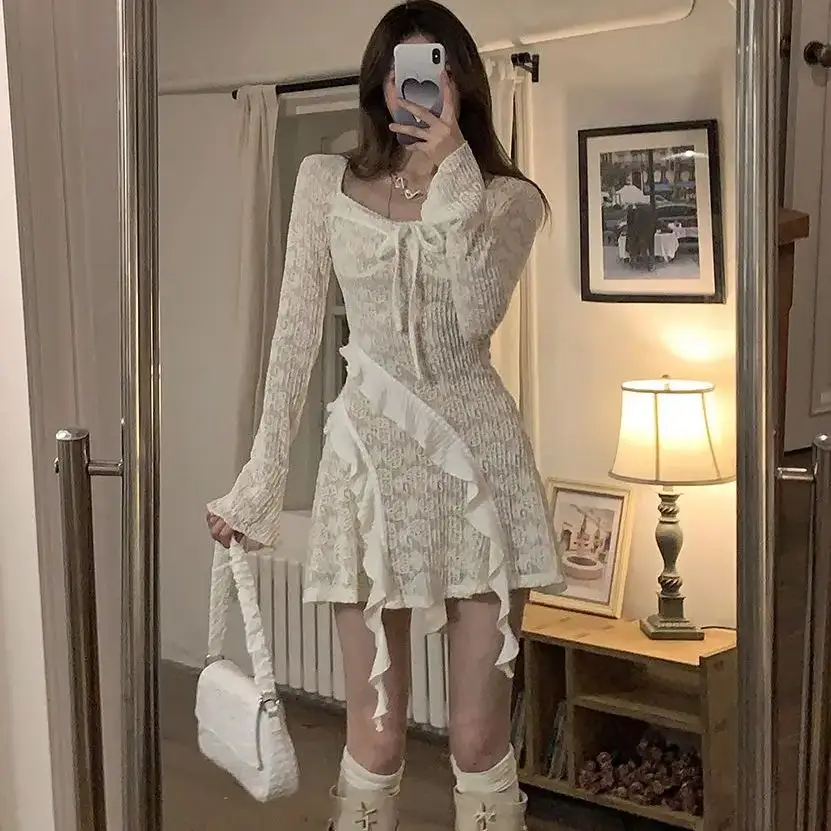 Knitted Sweater Skirt Two-Piece Set 2024 Autumn Winter New Women Ribbon Tie Long-Sleeved Top Bow Design Suit