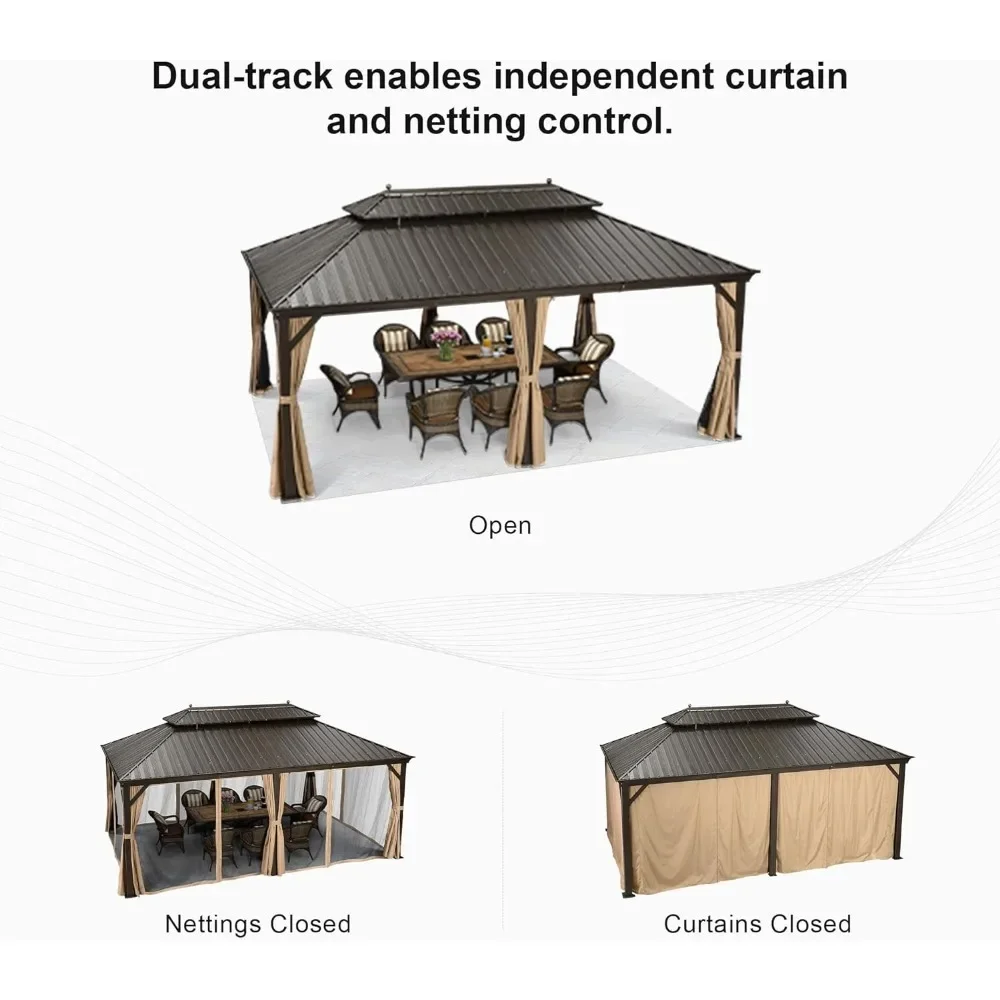 12' X 20' Outdoor Hardtop Galvanized Steel Gazebo Double Roof Canopy Aluminum Frame Garden Pavilion with Netting and Curtains