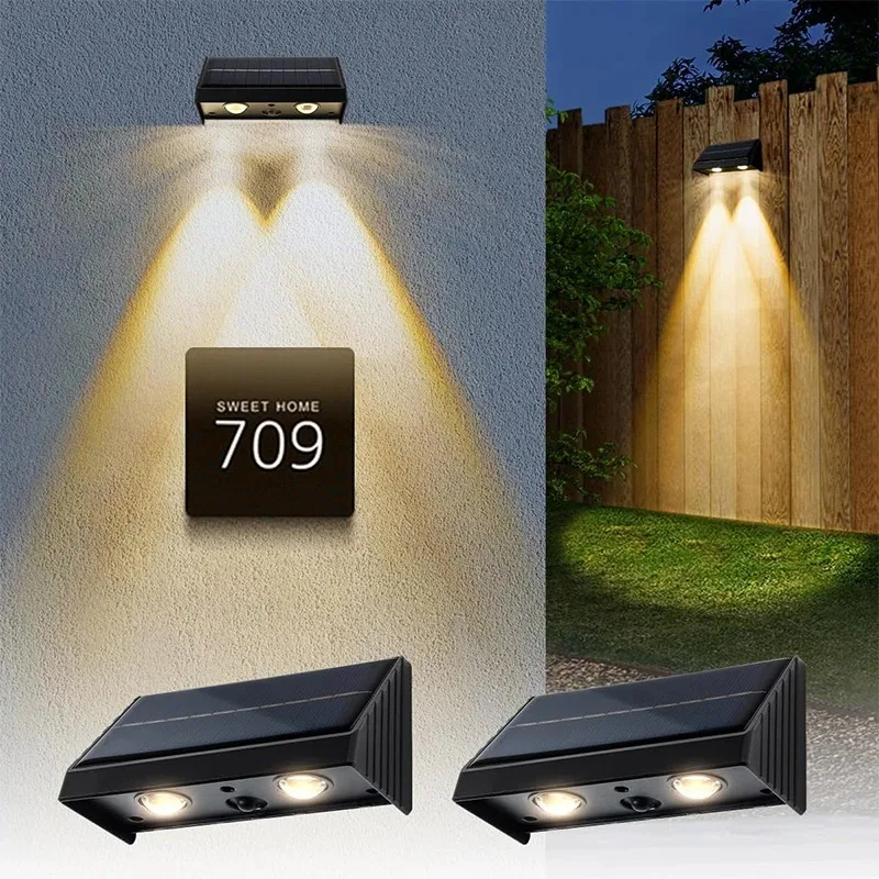 Dual Lens Solar Wall Light, Black LED Down Lamp for Outdoor Fence Garden Courtyard Balcony Door Number Illumination Decor