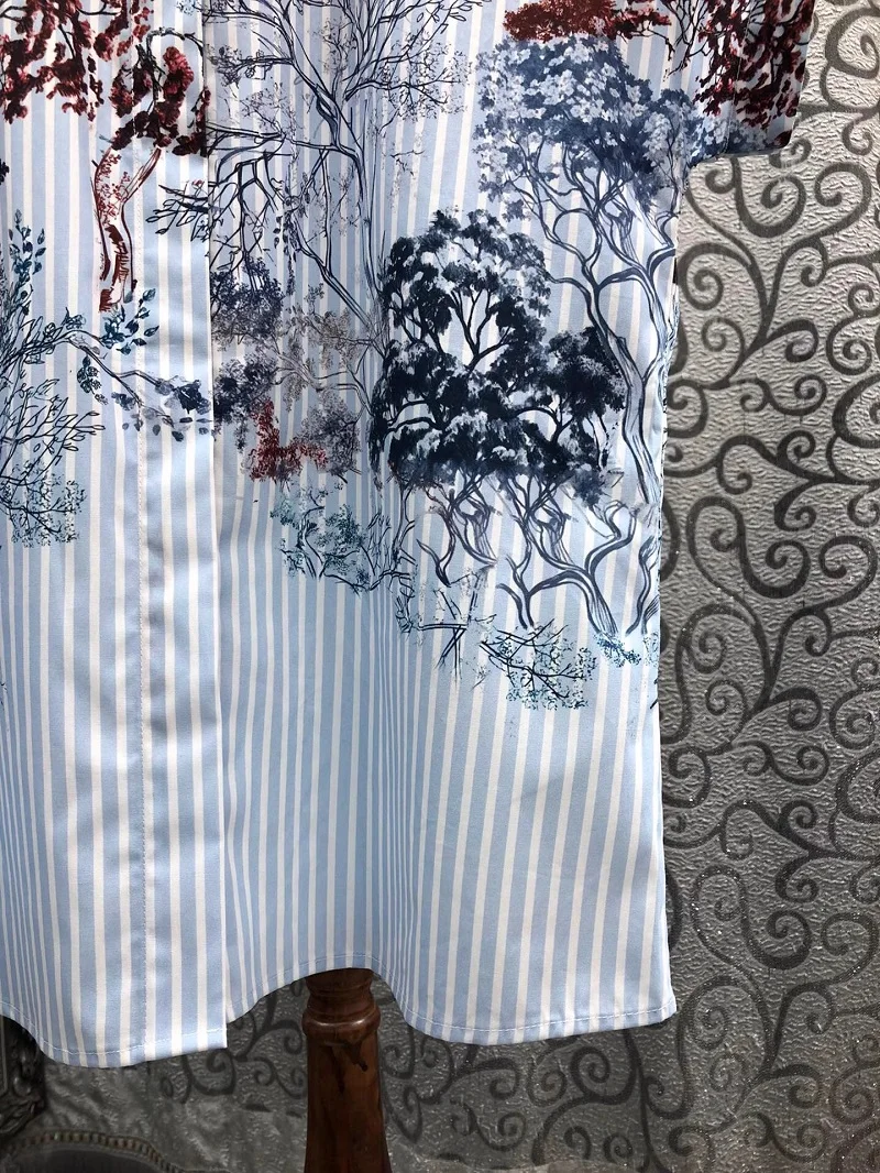 100%Cotton Shirts 2025 Spring Designer Fashion Lady Turn-down Collar Floral Prints Short Sleeve Casual Blue Striped Shirt Blouse