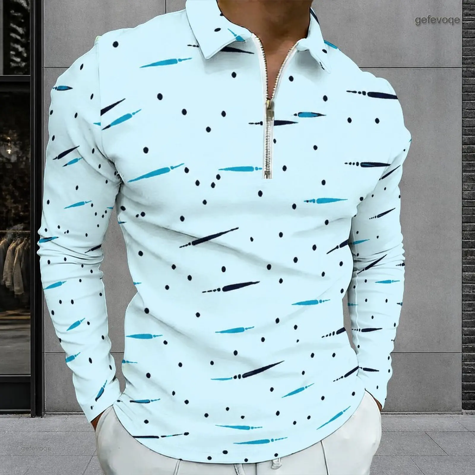 Men Light Blue Printed Small Black Dots and Elongated Blue Shapes Long Sleeve Quarter Zip Collared Polo Shirt