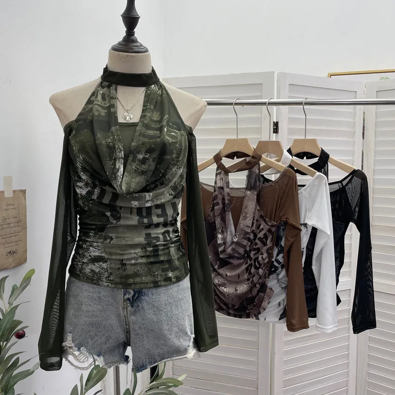 High Quality Hot Selling Wholesale Vintage Halter Neck Off-shoulder One-shoulder Draped Neckline Long-sleeved Mesh Top T-shirt