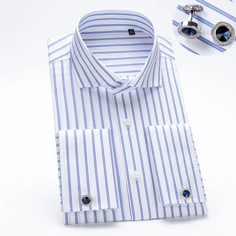 Luxury Windsor Collar Men's Cotton French Cuff Shirt Non Iron Quality Long Sleeve Business Formal Male Dress Cufflink Shirts