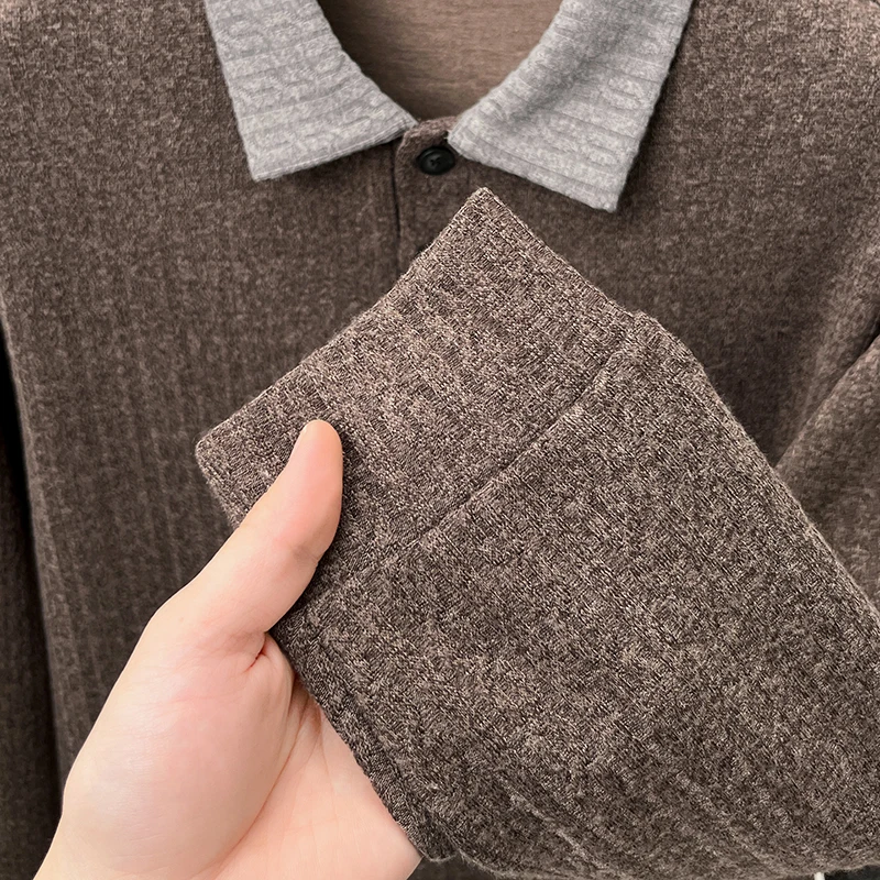 Hochwertiges Herren-Polohemd mit Print, Herbstneuheit, bequemes Langarm-T-Shirt mit Revers, einfarbig, modische Business-Herrenbekleidung – Detail 14