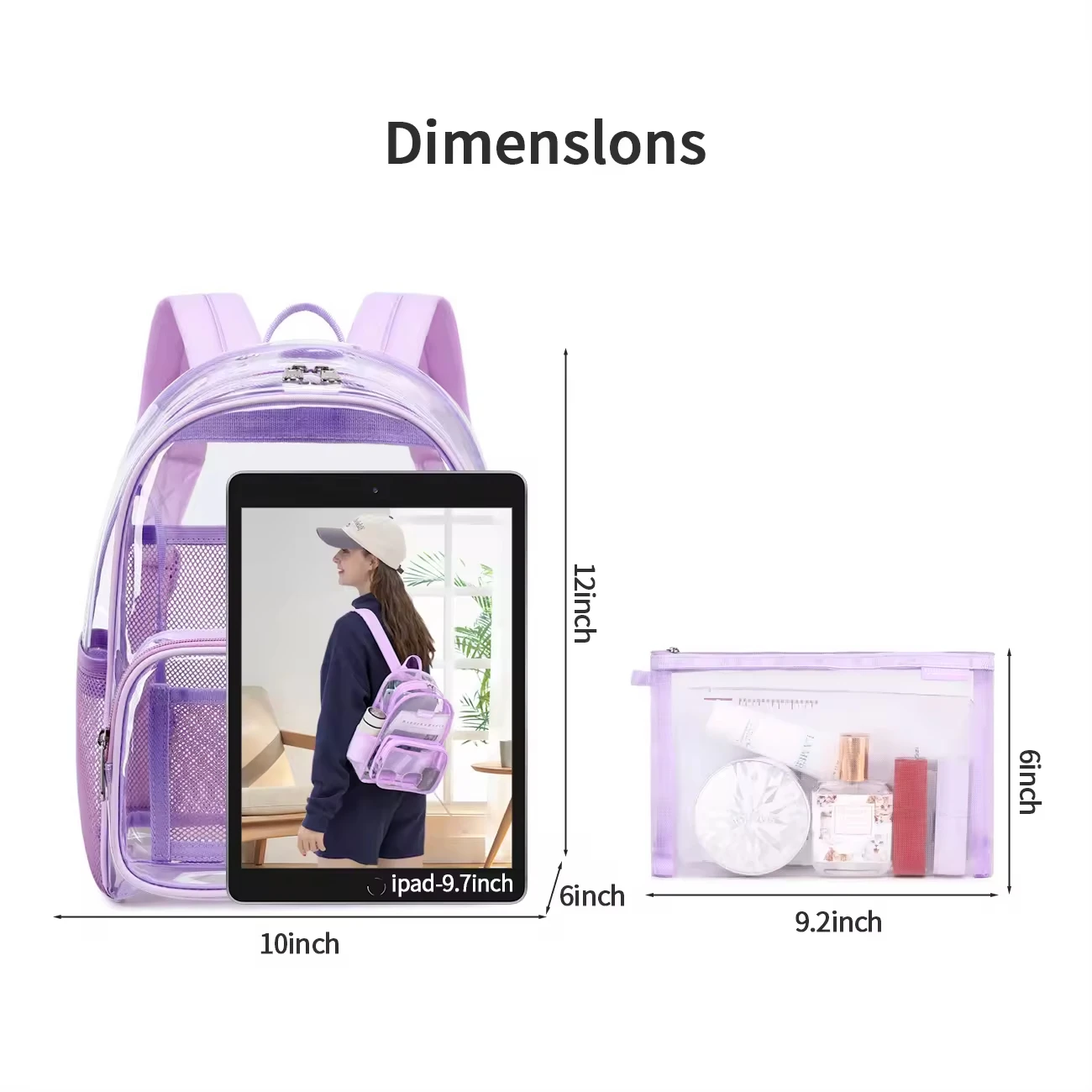 AOK 12 Inches Purple Clear Book Bags Transparent Backpack TPU Material Waterproof Girls School Bag Fashion Daily Knapsack