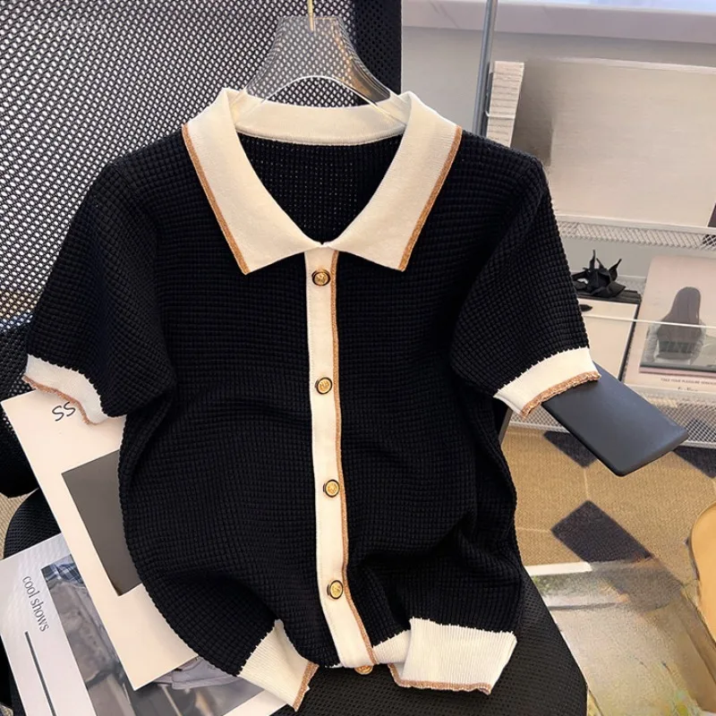 Knitted Thin T Shirt For Women Contrast Color Korean Fashion Chic Retro Ropa De Mujer Spring Summer Elegant Camisetas