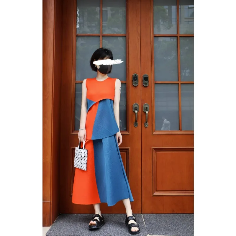 

Miyake Pleated Toothpick Pattern Irregular Splicing Contrast Color Reduced Age Sleeveless 3D Tank Top+Half Skirt Set 2024 Summer