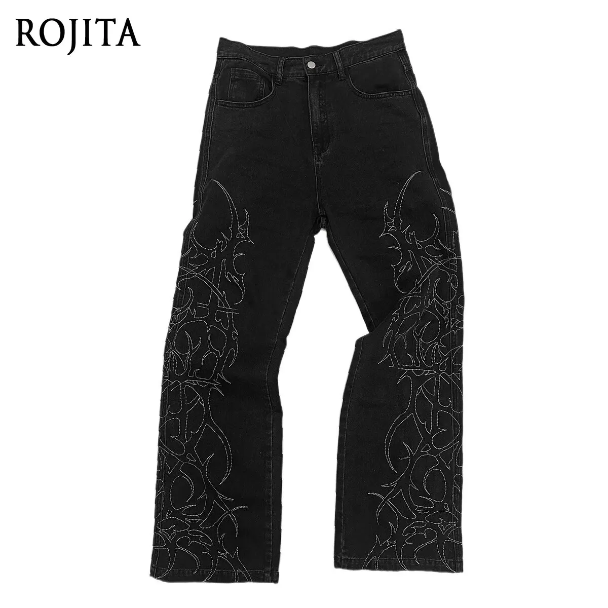 Grunge Dark Aesthetic Bootcut Jeans High Waist Gothic Tribal Embroidery Washed Black Denim Retro Street‑Style Pants