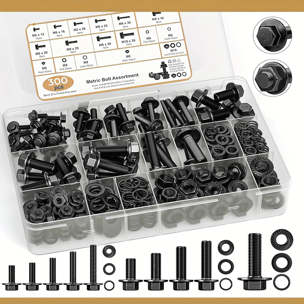 300-piece set of M6, M8, and M10 machine screws, black nuts and bolts, and 10.9-grade alloy steel hex head slotted bolts with lo