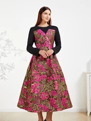 DEVCHATA Quality Vintage Women Jacquard Dress New Elegant Evening Dresses Spliced Spring Autumn Floral Ball Long Gown