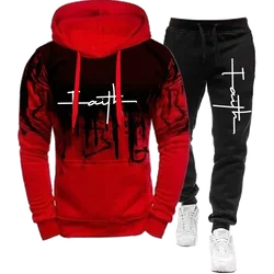 Fashion trend originality Faith Print Autumn Winter Men Casual Tracksuit Men Sweatshirts and Sweatpants 2 Pieces Sets Sportswear