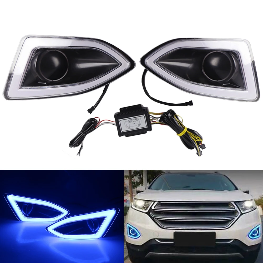 2Pcs Car LED DRL For Ford Edge 2015 2016 2017 2018 Daytime Running Light with Yellow siganl Fog Lamp cover