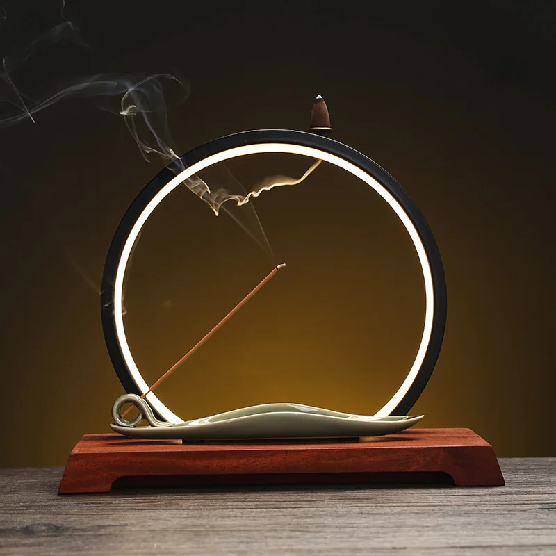 

Ceramic Backflow Incense Burner Waterfall Chinese Incense Stick Holder With LED Light for Home Office Decor