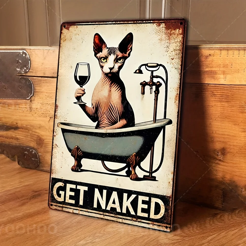 

Humorous Bathroom Decor for Pet Lovers, Retro Sphynx Cat Design with "GET NAKED" Text, Wall-Mounted Indoor Display