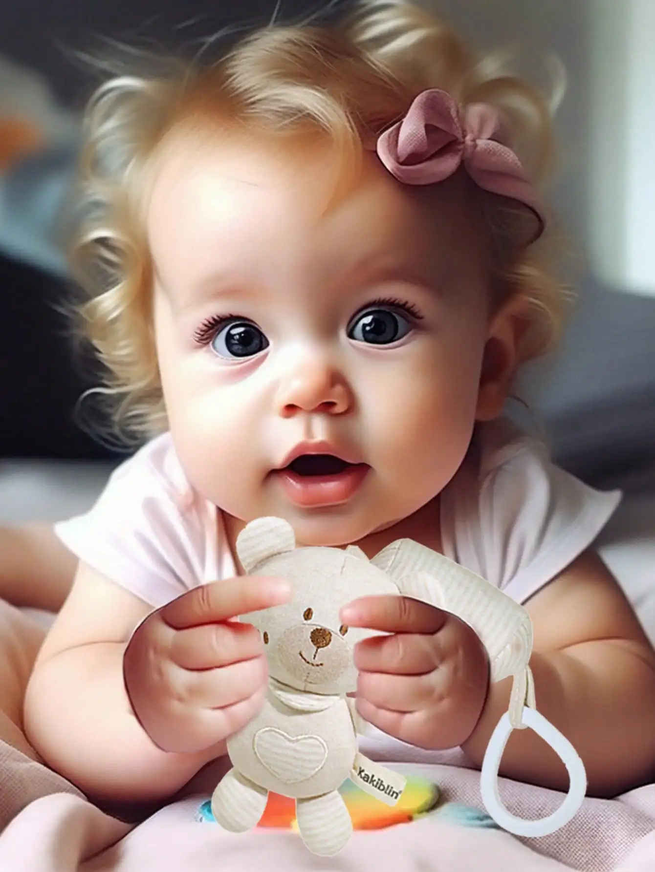 Passeggino montato su auto dei cartoni animati con campanelli eolici appesi per i bambini per impugnare e lenire i giocattoli che suonano