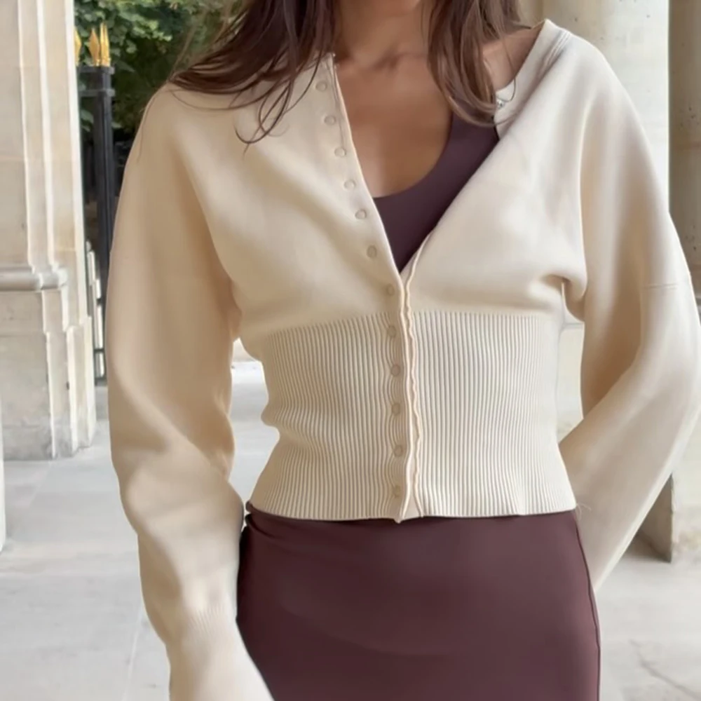 Talenza Cardigan monopetto da donna a vita alta girocollo monopetto tinta unita manica lunga maglione corto top autunno camicia sottile con fondo