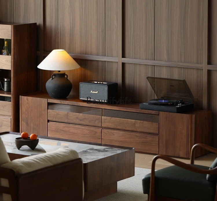 

North American black walnut all-solid wood TV cabinet Nordic storage and storage integrated
