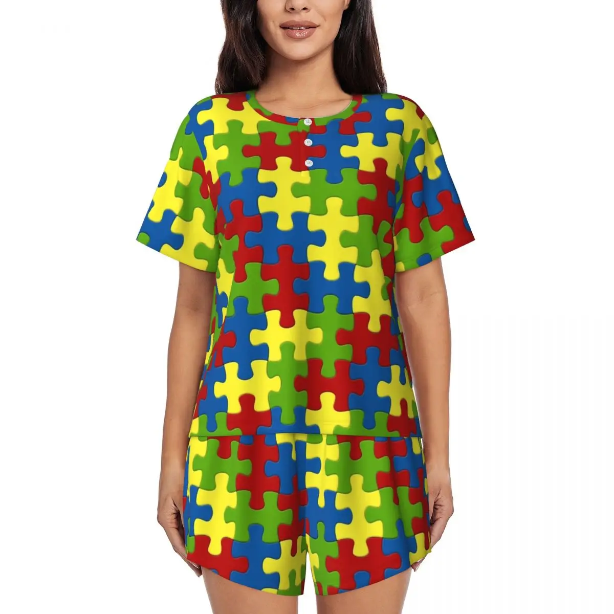 Custom Printed Women Jigsaw Puzzle Pieces Pajamas Set Short Sleeve Autism Awareness 2 Piece Sleepwear Pj Lounge Sets