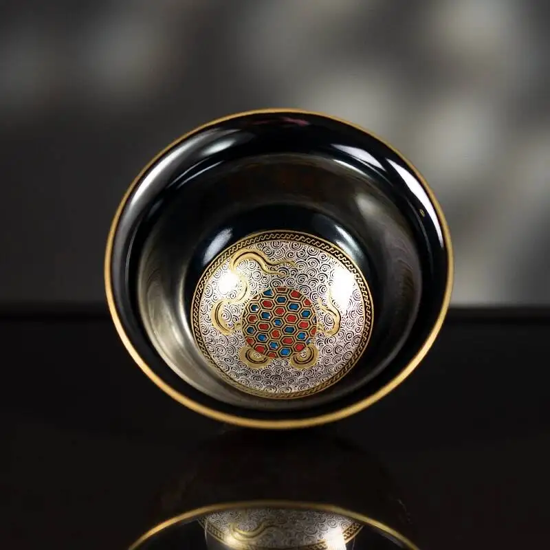 Holy Mountain Black Glaze Enamel Caicuo Gold And Silver Double Lion Hydrangea Hand Jingdezhen Classy Ceramic Tea Cup