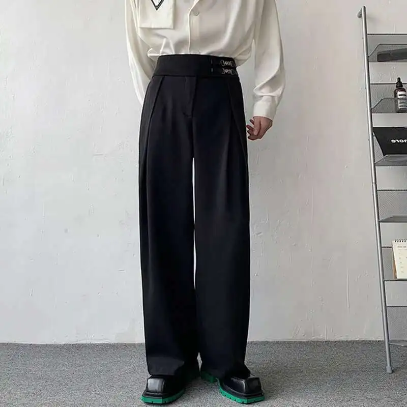 LUZHEN Stylish Straight Suit Pants Men\'s Loose Casual 2025 Elegant Trendy Wide Leg Metal Buckle Design Straight Trousers 03e3be