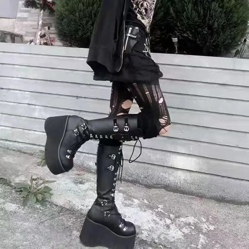 Wedges Lace Up Belt Buckle Women's Boots Platform Round Toe Super High Knee-High Boots Black Punk Fashion Streetwear Women Shoes image 4
