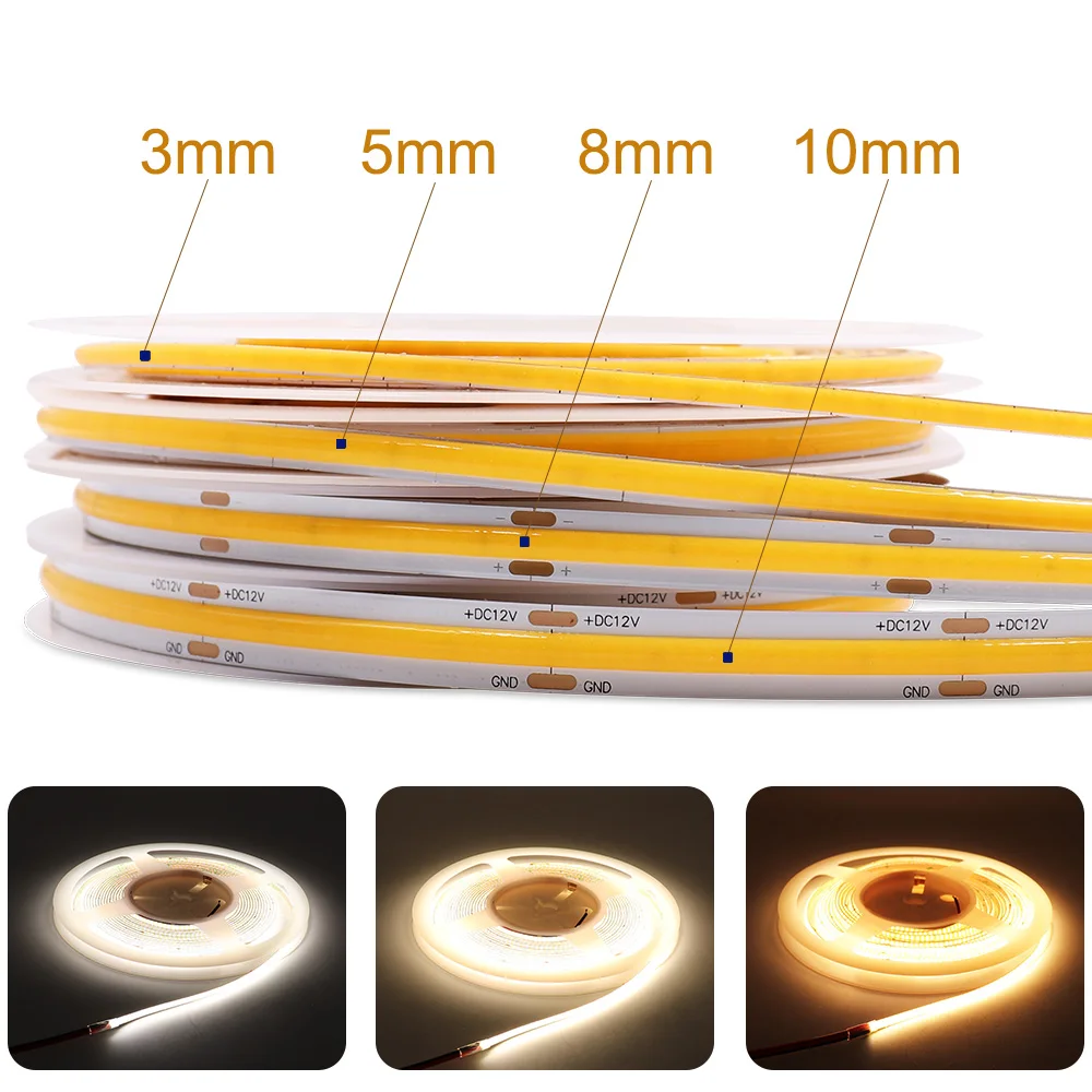 12V LED Strip Light 24V Adhesive LED Ribbon Tape 5m 10m COB LED Strip Lights Lined Lighting Diode Tape 16.4FT for Room Decor